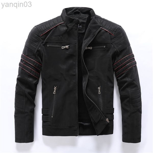 New Motorcycle Washed Retro Velor Leather Jacket Winter Men Stand Collar Top S Plus Size L220801