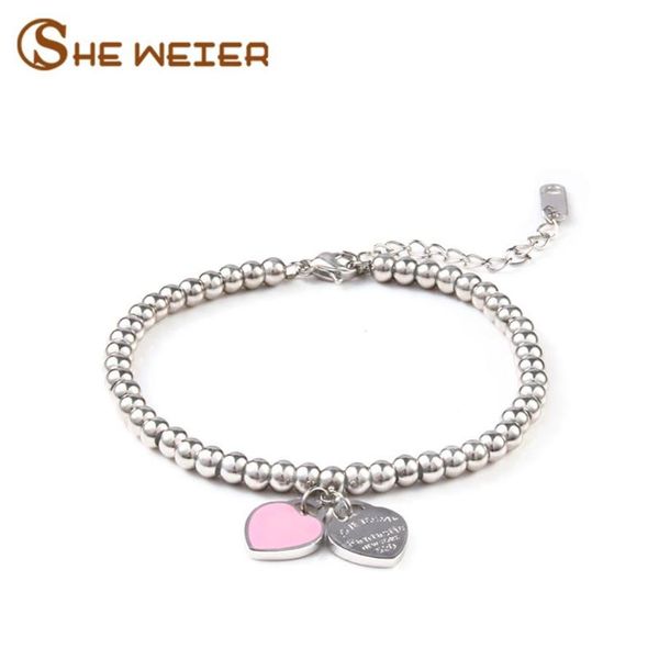 

link chain she weier charms heart braclet& bangles beads femme gifts for women female braclet stainless steel jewelry braslet bra202c, Black