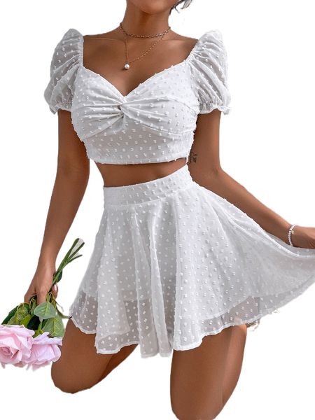 

petite swiss dot twist front bow back blouse & skirt x3zo#, White