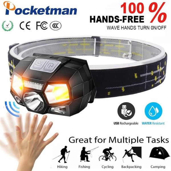 

6000lm sensor headlamp motion inductive rechargeable with usb cable 5modes led headlight torch lanternate built-in battery329m