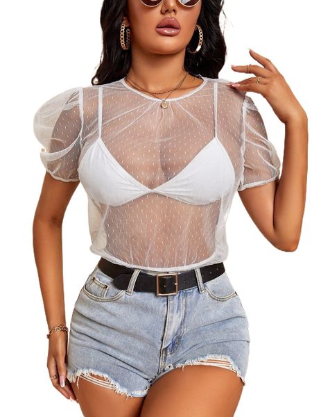 

puff sleeve dobby mesh without bra u2h4#, White