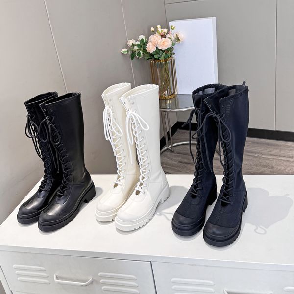 

2022 spring runway luxury designer women knee boots black white thick soled long booties height increasing shoes ladies platform motorcycle