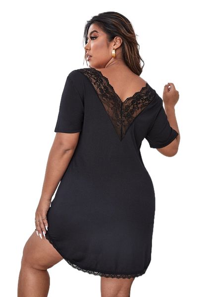 

plus contrast lace curved hem nightdress u3gh#, Black;white