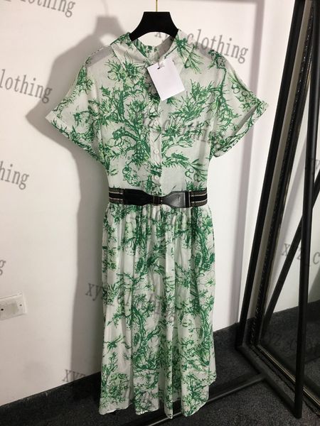 

2022ss womens dresses fresh green summer designer high-end tropical jungle print button fly small standing collar custom belt design short s, Black;gray