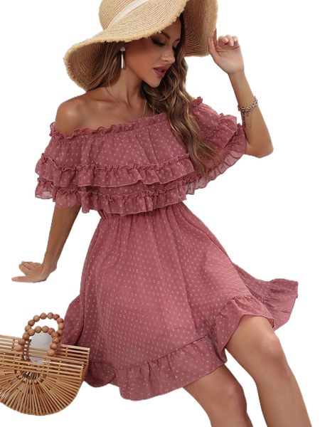 

swiss dot off shoulder frill trim ruffle hem dress k753#, Black;gray