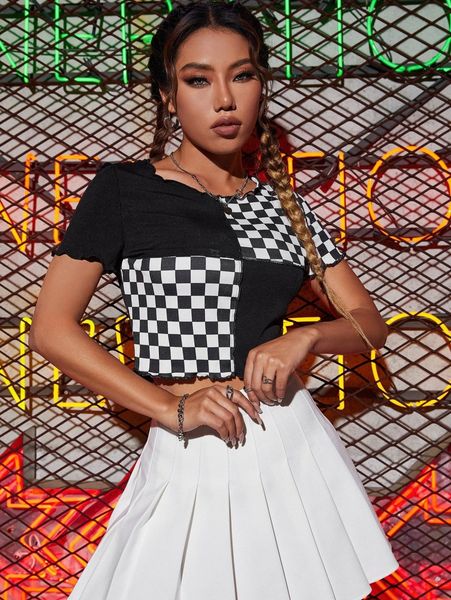 

checkerboard print lettuce trim crop tee z6gh#, White