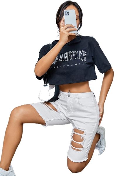 

r.ipped raw hem d.enim shorts b0ch#, White;black