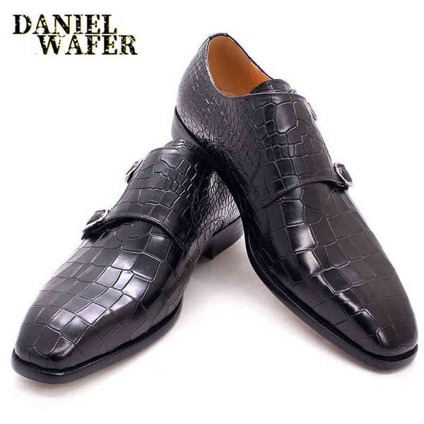 Luxuriöse italienische Herren-Schuhe aus Rindsleder mit spitzer Zehenpartie, Doppelschnallen, Alligatormuster, Party, formelle Business-Schwarze Schuhe für Männer