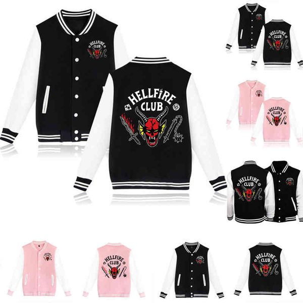 

hellfire club 2022 stranger things season 4 cosplay bomber jackets women men's couple baseball jacket streetwear long sleeve hoodie, Black