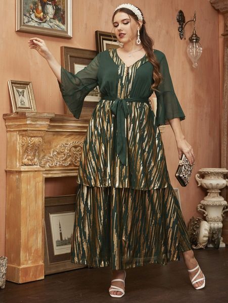 

plus gold printing flounce sleeve layered hem belted dress d2ji#, Black