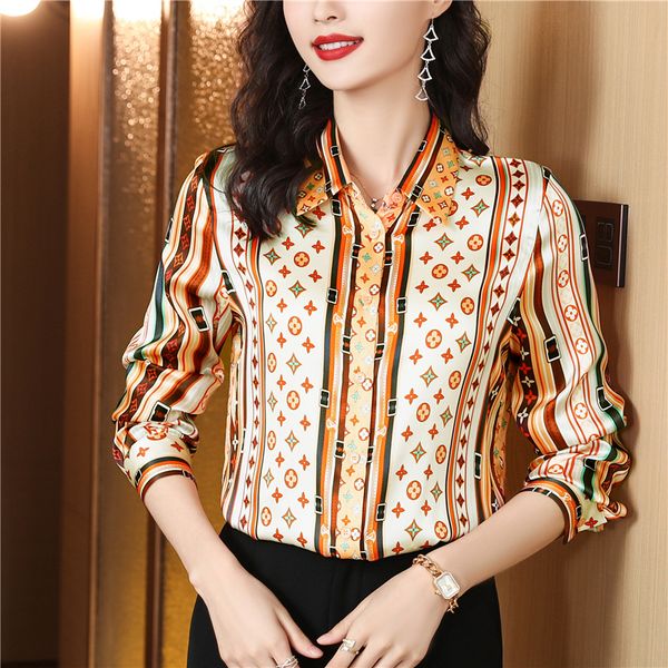

classic long sleeve printed silk shirts women 2022 runway designer elegant ladies button down casual office shirts plus size lapel neck cock, White