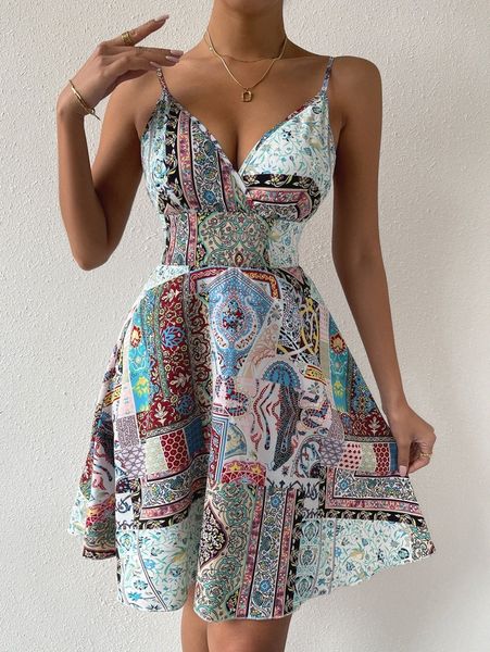 

scarf print cami dress h2hf#, Black;gray