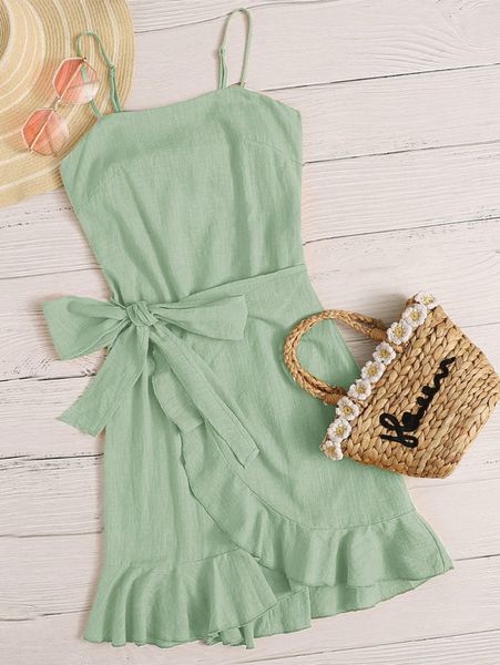 

cut out tie back ruffle trim wrap hem slip dress j9ae#, Black;gray