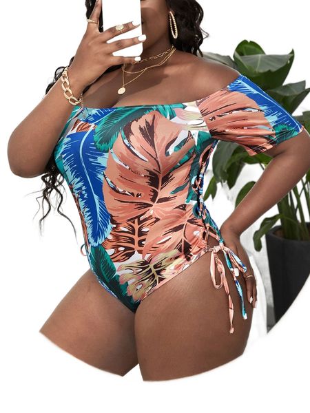 

sxy plus tropical print lace up bodysuit n7ln#, Black