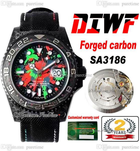

diwf gmt ii sa3186 automatic mens watch carbon fiber case colorful graffiti dial black nylon strap super edition puretime f6, Slivery;brown