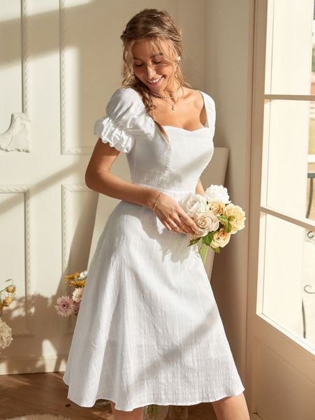 

puff sleeve zip back dress s55w#, Black;gray