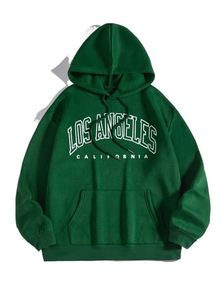 

letter graphic kangaroo pocket drawstring thermal hoodie k0ha#, Black