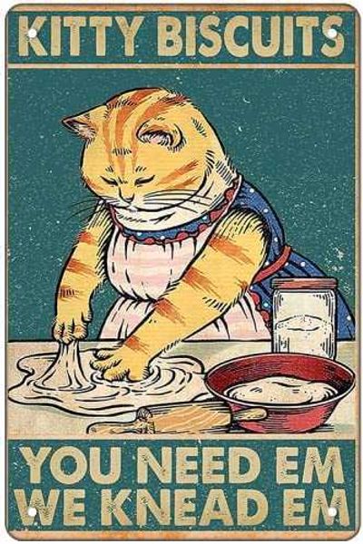 

kitchen retro metal tin sign - kitty biscuits we knead em you need em - vintage poster plaque cat sign for home restaurant kitchen wall