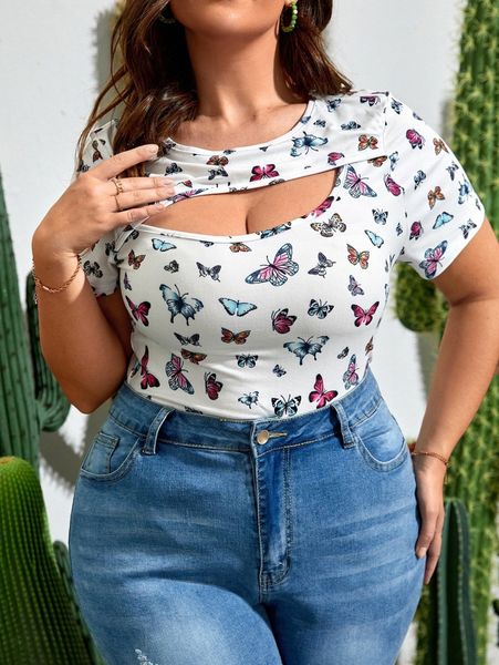 

plus butterfly print cut out tee k5v1#, Black