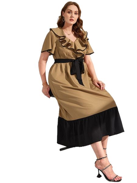 

plus two tone contrast binding ruffle trim belted dress o2qj#, Black