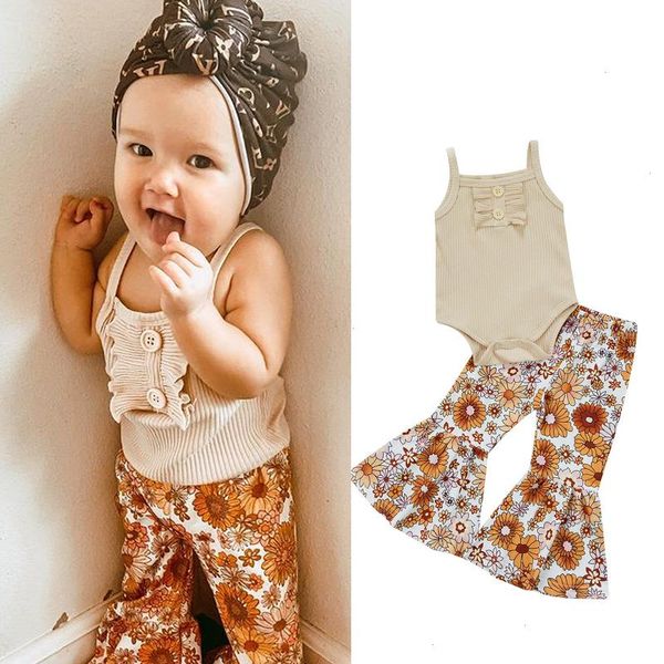 

summer lovely infant baby girls clothes sets strap sleeveless solid vest romper floral printed flare pants suit, White