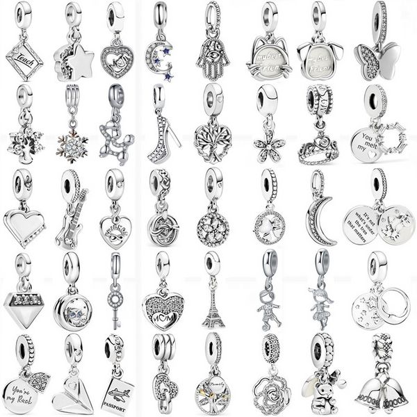 925 Sterling Gümüş Dungle Charm 45 Stiller Düz Renk Gümüş Renkli Çiçek Çocuk Kız Aile Dangle Boncuk Pandora Takılar Bilezik Diy Takı Aksesuarları