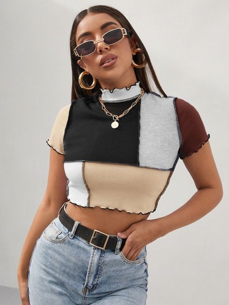 

colorblock contrast stitch lettuce trim rib-knit tee s7aa#, White