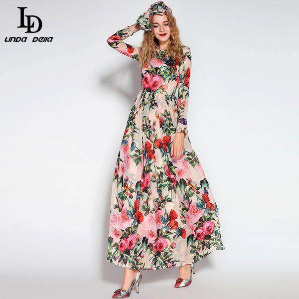 

ld linda della runway maxi dress long sleeve sequined beading rose floral bird printed long dress with scarf y200805, Black;pink