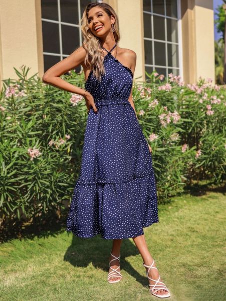 

polka dot halter neck backless ruffle trim dress t1he#, Black;gray