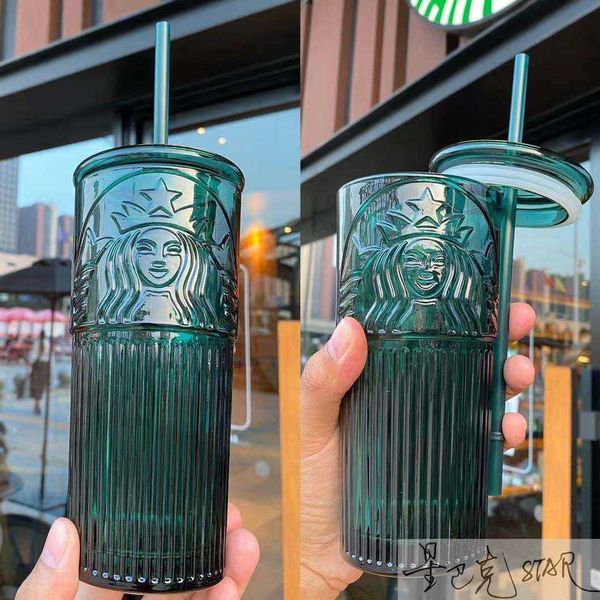 

starbucks valentine's day dark green three-dimensional goddess vertical relief glass straw cup high capacity valentine's day