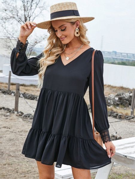 

guipure lace cuff puff sleeve ruffle hem smock dress z4vf#, Black;gray