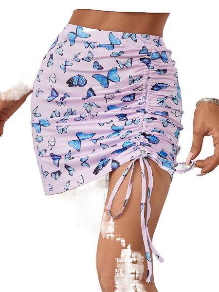 

butterfly print drawstring bodycon skirt z06g#, Black