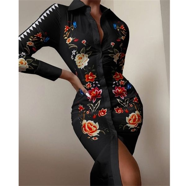 

autumn women long sleeve mid dress fashion print shirts elegant ladies splice shirt irregular party 220409, Black;gray