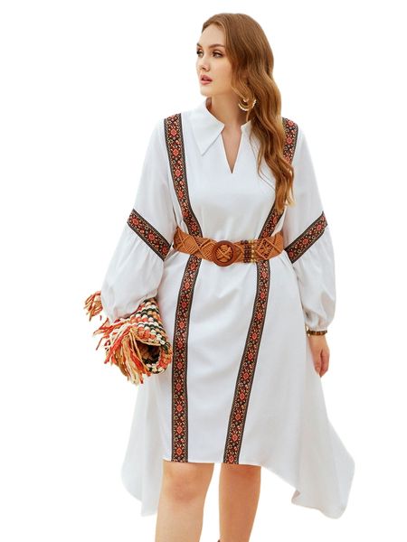 

plus contrast tape lantern sleeve high low hem dress m5vk#, Black