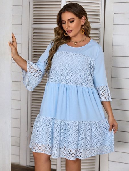 

plus lace panel ruffle hem dress q67d#, Black