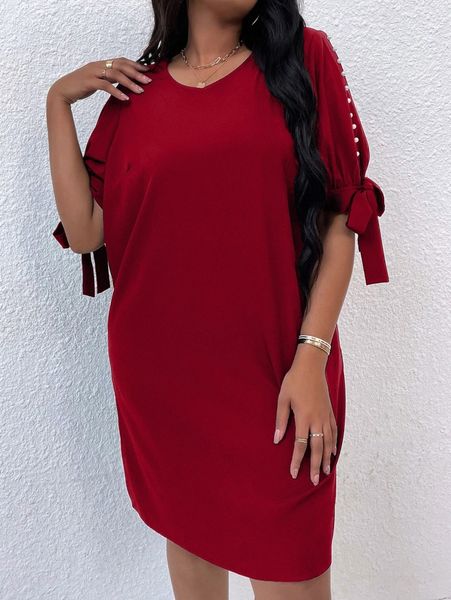 

plus knot cuff pearls beaded puff sleeve tunic dress r2rs#, Black