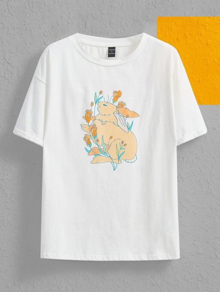 

x ricci gertz drop shoulder rabbit print tee j8yt#, White