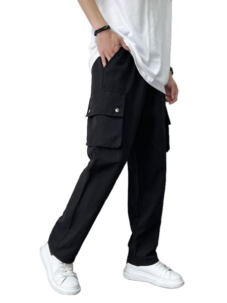 

men drawstring waist flap pocket cargo pants 46ua#, Black