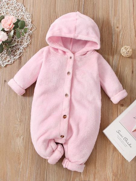 

baby plain front button hooded flannel jumpsuit she, Blue