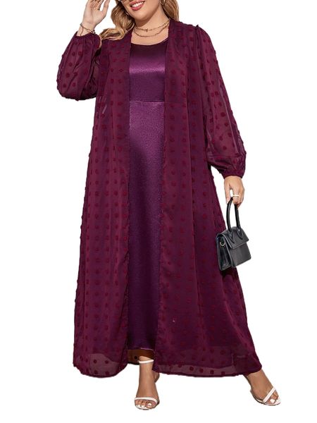 

plus swiss dot lantern sleeve open front chiffon coat & dress f3xd#, Black