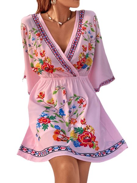 

floral & geo print surplice neck dress f333#, Black;gray