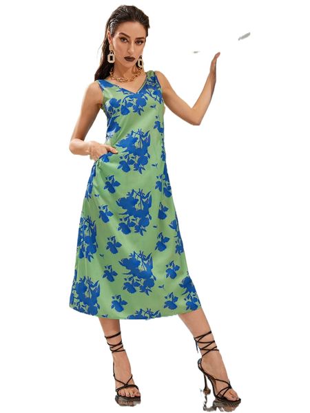 

x lyds floral print hidden pocket tie back dress w1t3#, Black;gray