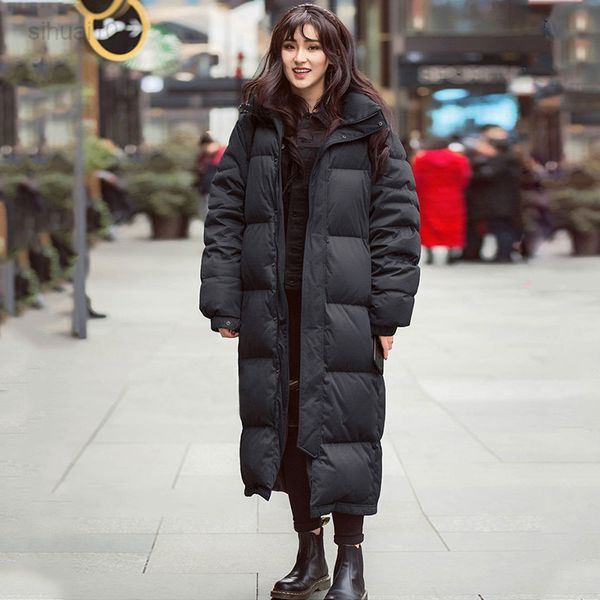 

2021winter long duck down jacket women hooded parkas black loose thick warm female down coat fashion casual windproof outwear l220725