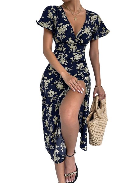 

floral print plunging neck butterfly sleeve split thigh dress 25rl#, Black;gray