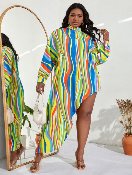 

sxy plus wave striped print batwing sleeve asymmetrical hem dress x47g#, Black