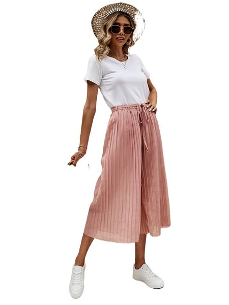 

pleated belted wide leg pants u06o#, Black;white