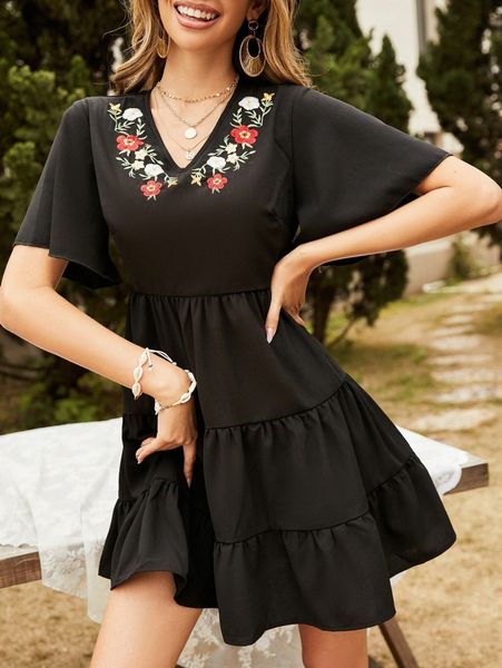 

floral embroidery butterfly sleeve ruffle hem dress d1f0#, Black;gray
