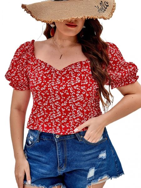 

plus ditsy floral sweetheart neck puff sleeve blouse q3nb#, Black