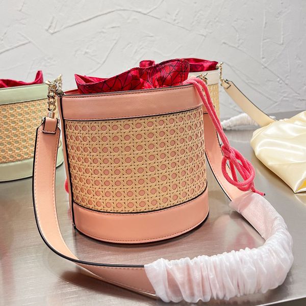 

drawstring bucket bag ladies crossbody bags hollow out weave handbag genuine leather two piece set wide shoulder leather summer quality wall