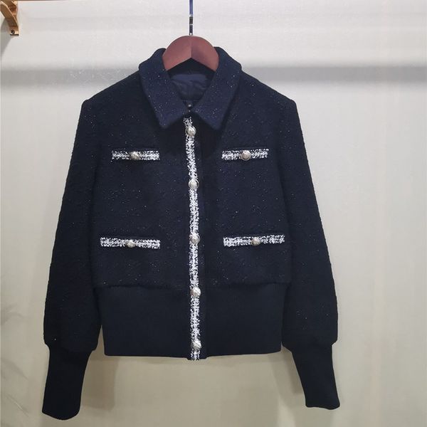 

autumn and wintertweed short coat women casual turndown collar long sleeve metal buckle jacket 201029, Black;brown